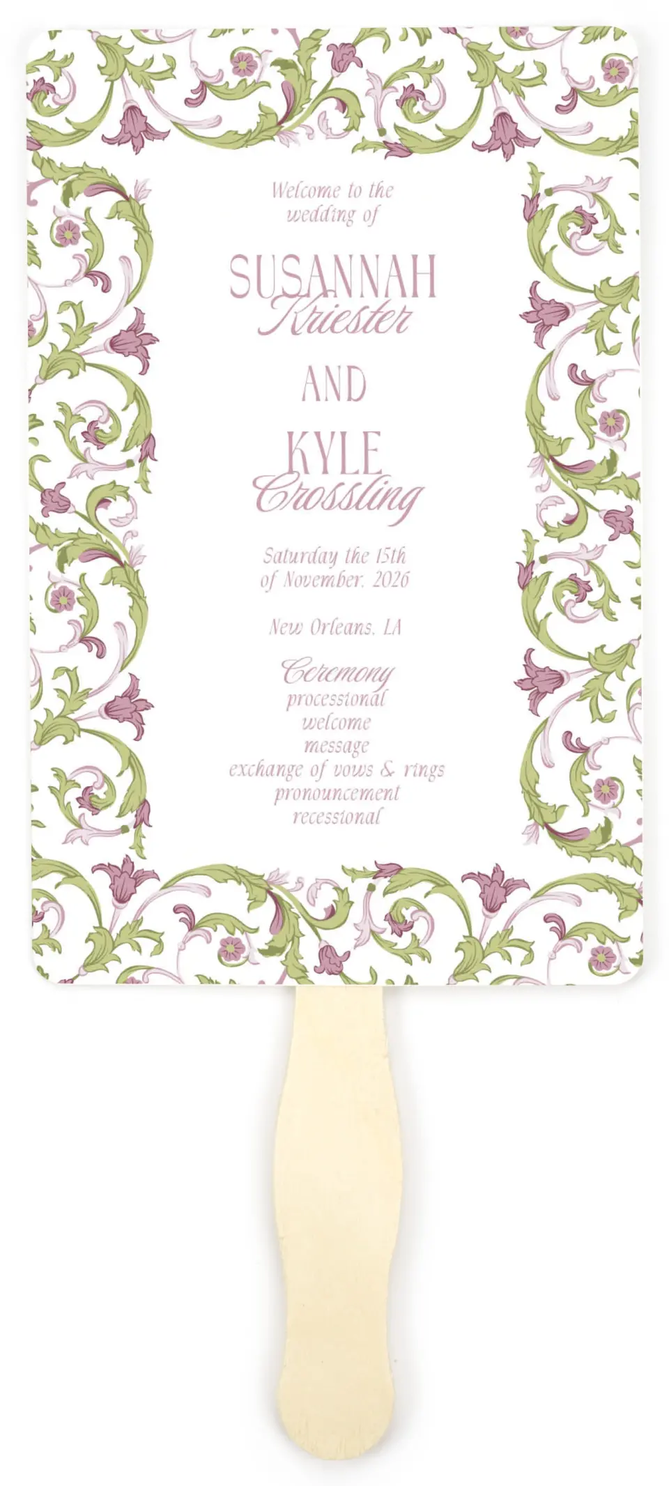 This is a 5" x 7⅞" Wedding Program Fan called Ornate Garden printed in full color on Premium Smooth paper