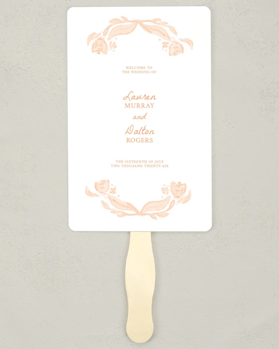 This is a 5" x 7⅞" Wedding Program Fan called Ever After Blooms printed in full color on Premium Smooth paper
