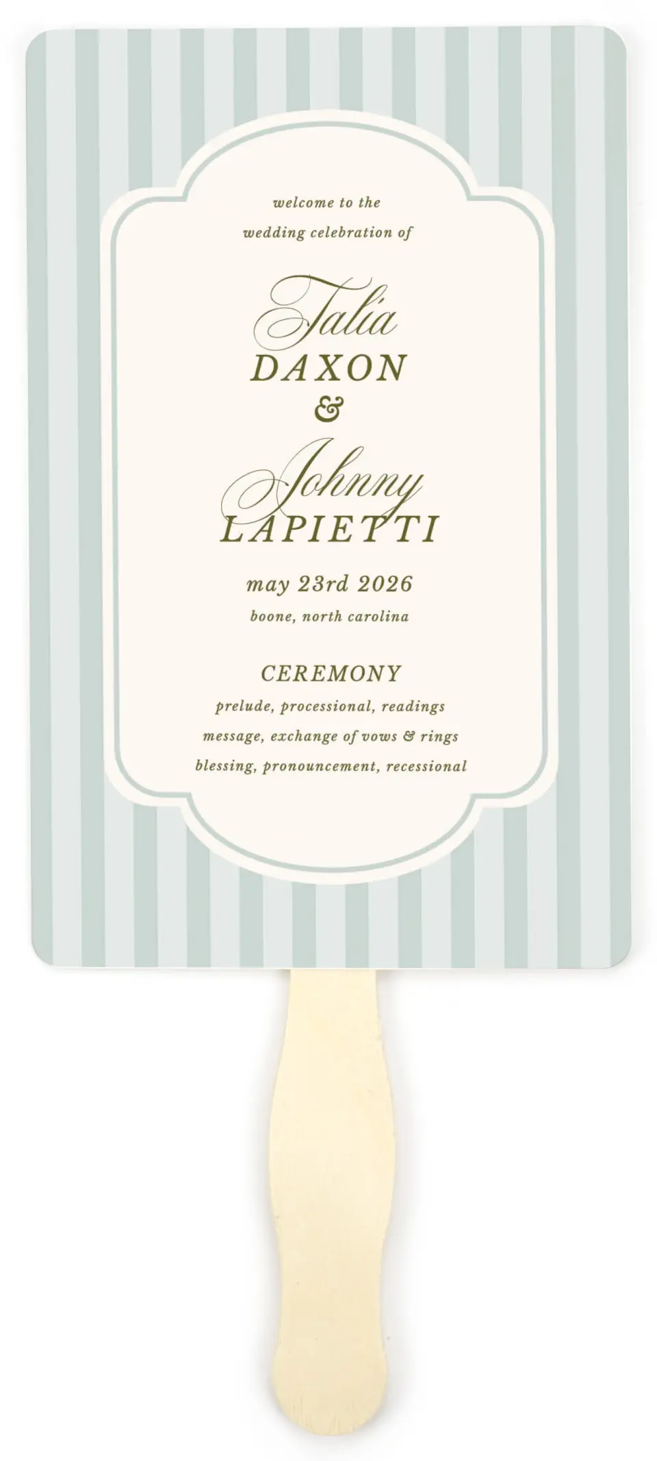 This is a 5" x 7⅞" Wedding Program Fan called Love You Forever printed in full color on Premium Smooth paper