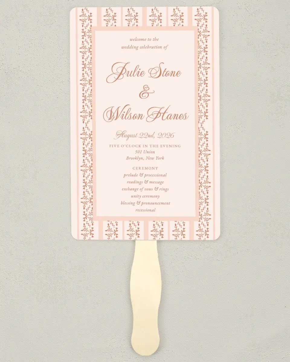 This is a 5" x 7⅞" Wedding Program Fan called Patterned Love printed in full color on Premium Smooth paper