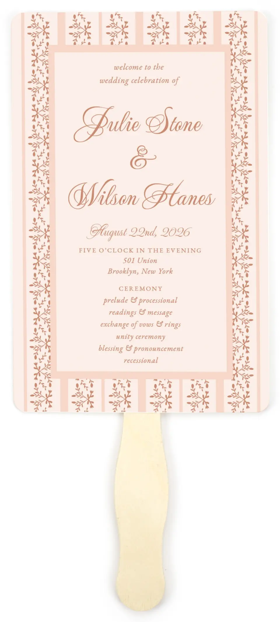 This is a 5" x 7⅞" Wedding Program Fan called Patterned Love printed in full color on Premium Smooth paper