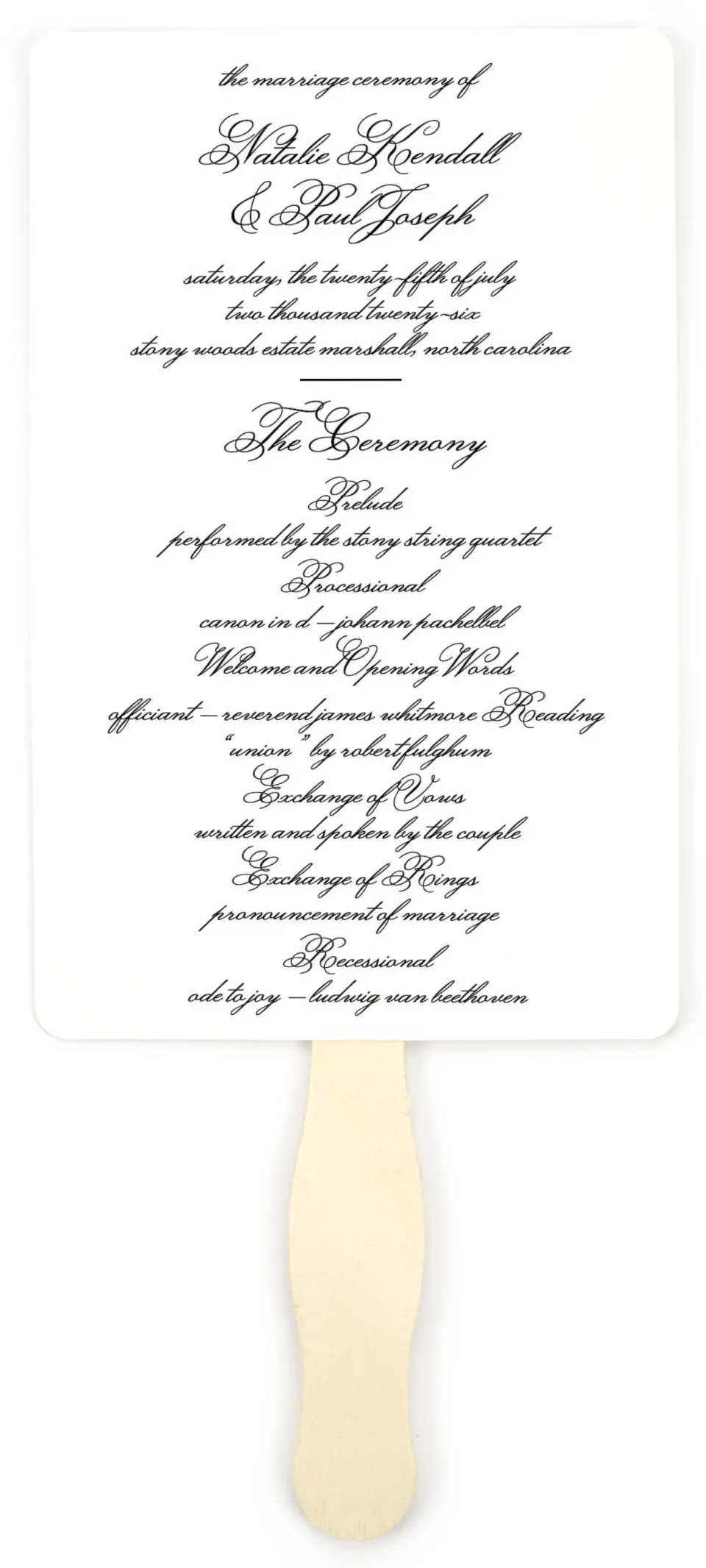 This is a 5" x 7⅞" Wedding Program Fan called Formal Script printed in full color on Premium Smooth paper