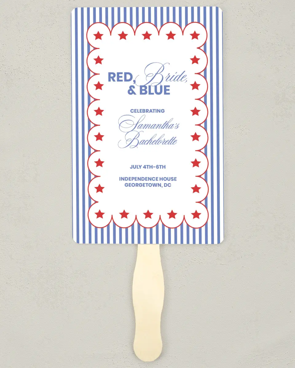 This is a 5" x 7⅞" Bachelorette Party Thank You Card called Red, Bride, and Blue printed in full color on Premium Smooth paper