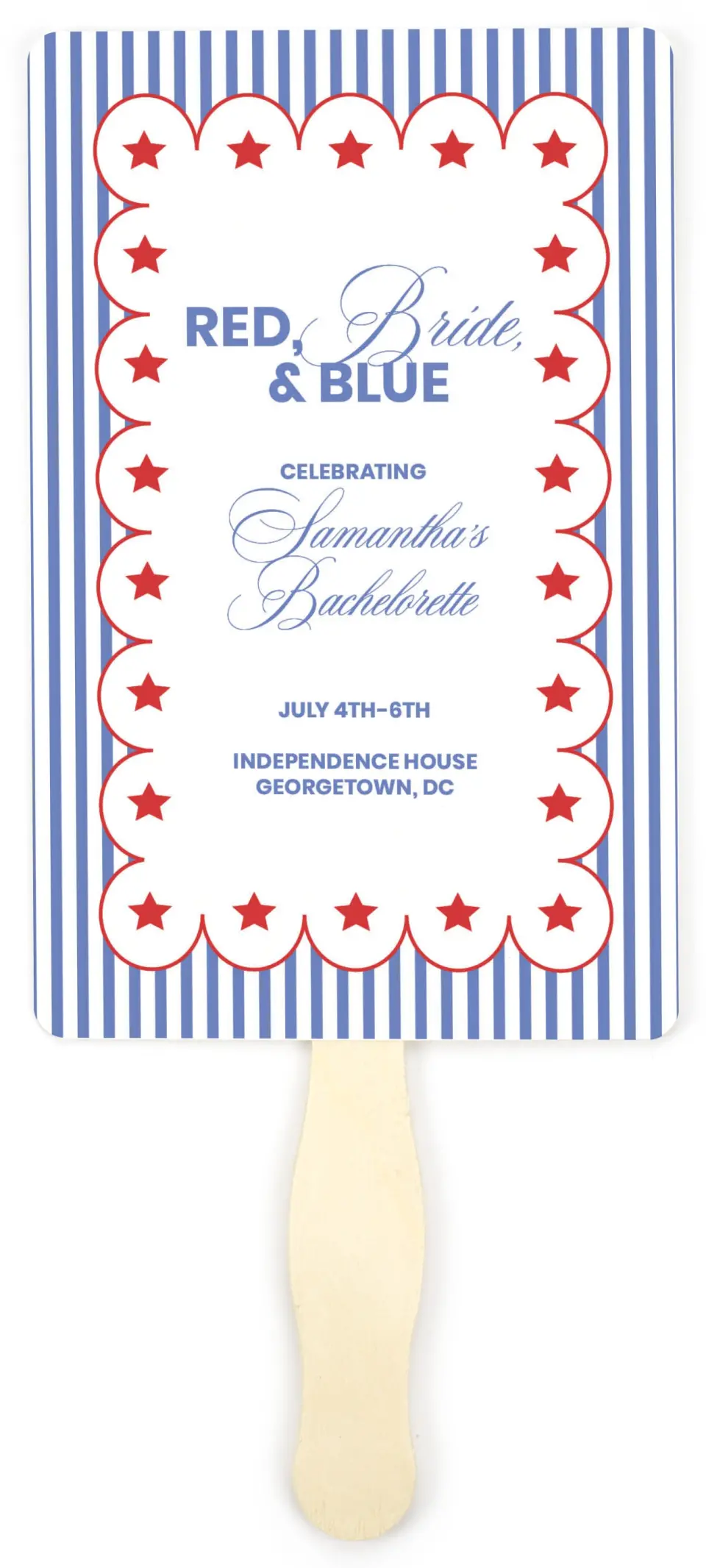 This is a 5" x 7⅞" Bachelorette Party Thank You Card called Red, Bride, and Blue printed in full color on Premium Smooth paper
