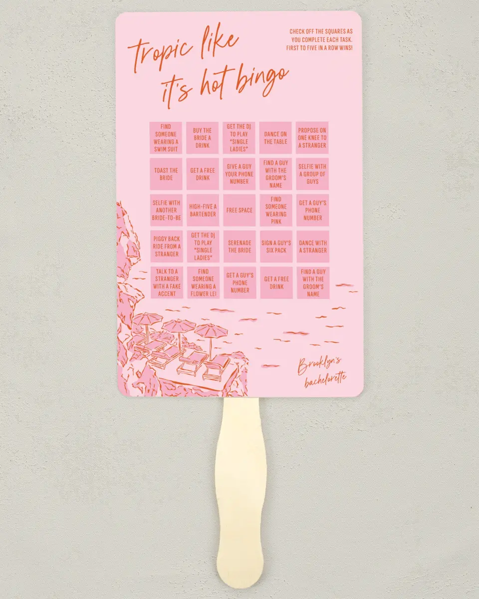 This is a 5" x 7⅞" Bachelorette Party Thank You Card called Tropic Like It's Hot printed in full color on Premium Smooth paper