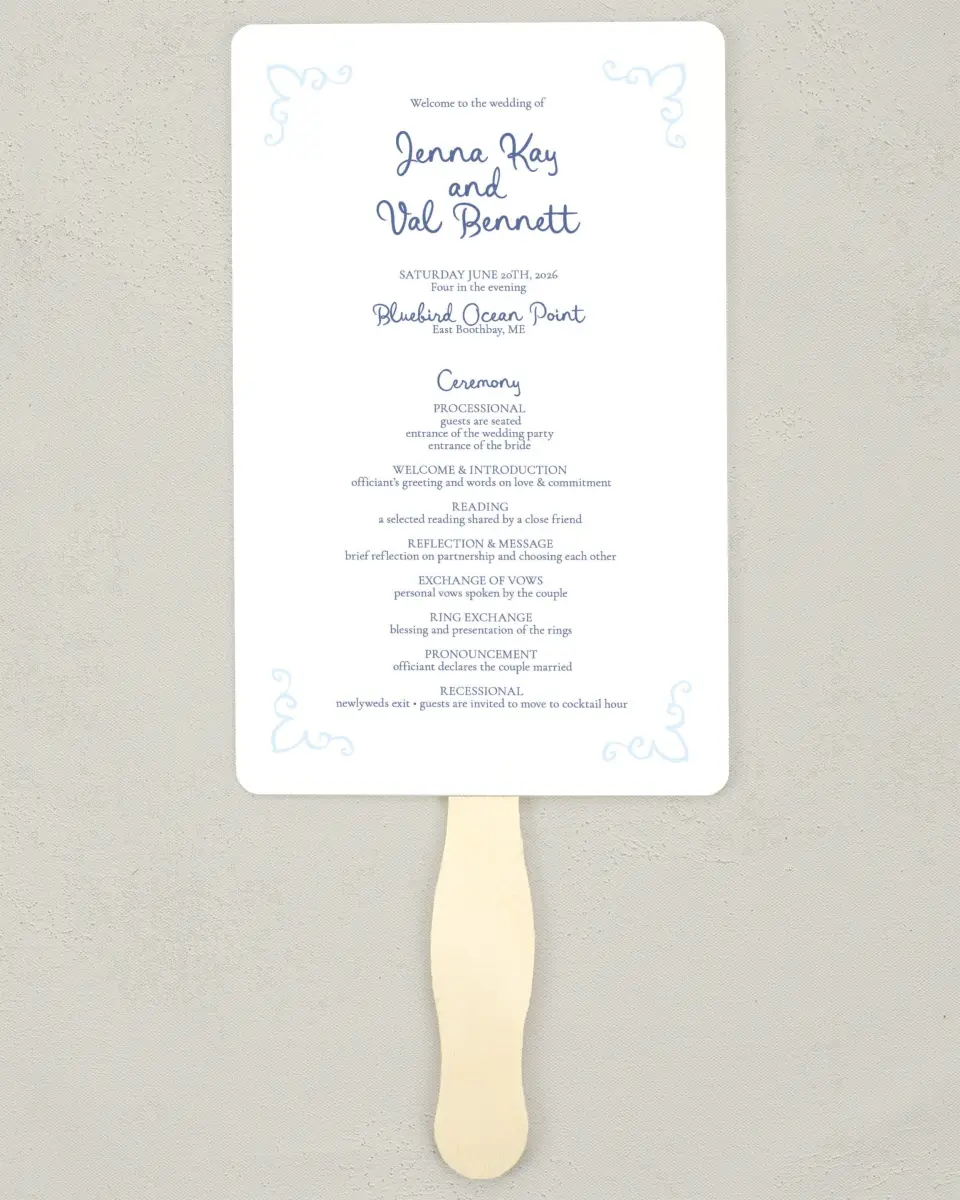 This is a 5" x 7⅞" Wedding Program Fan called Love by the Sea printed in full color on Premium Smooth paper