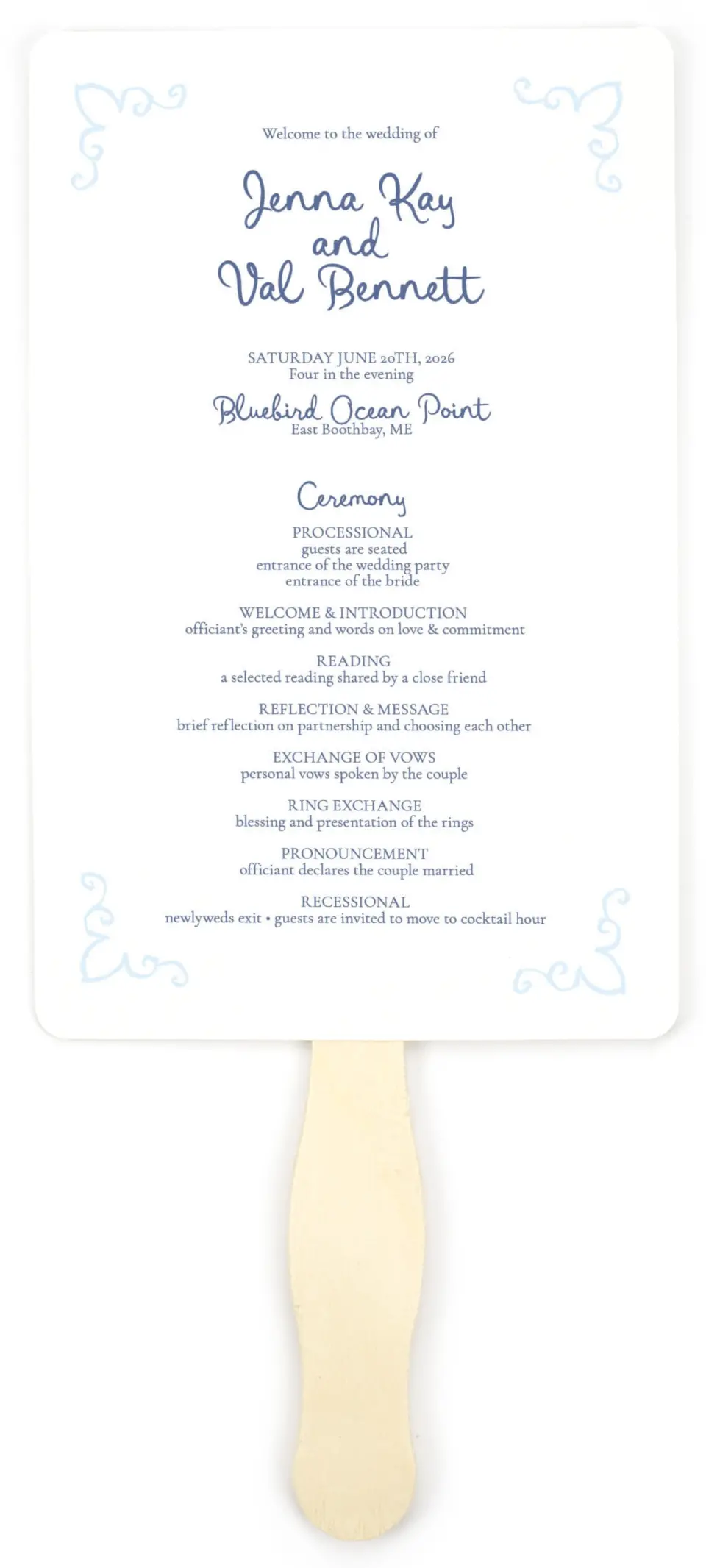 This is a 5" x 7⅞" Wedding Program Fan called Love by the Sea printed in full color on Premium Smooth paper