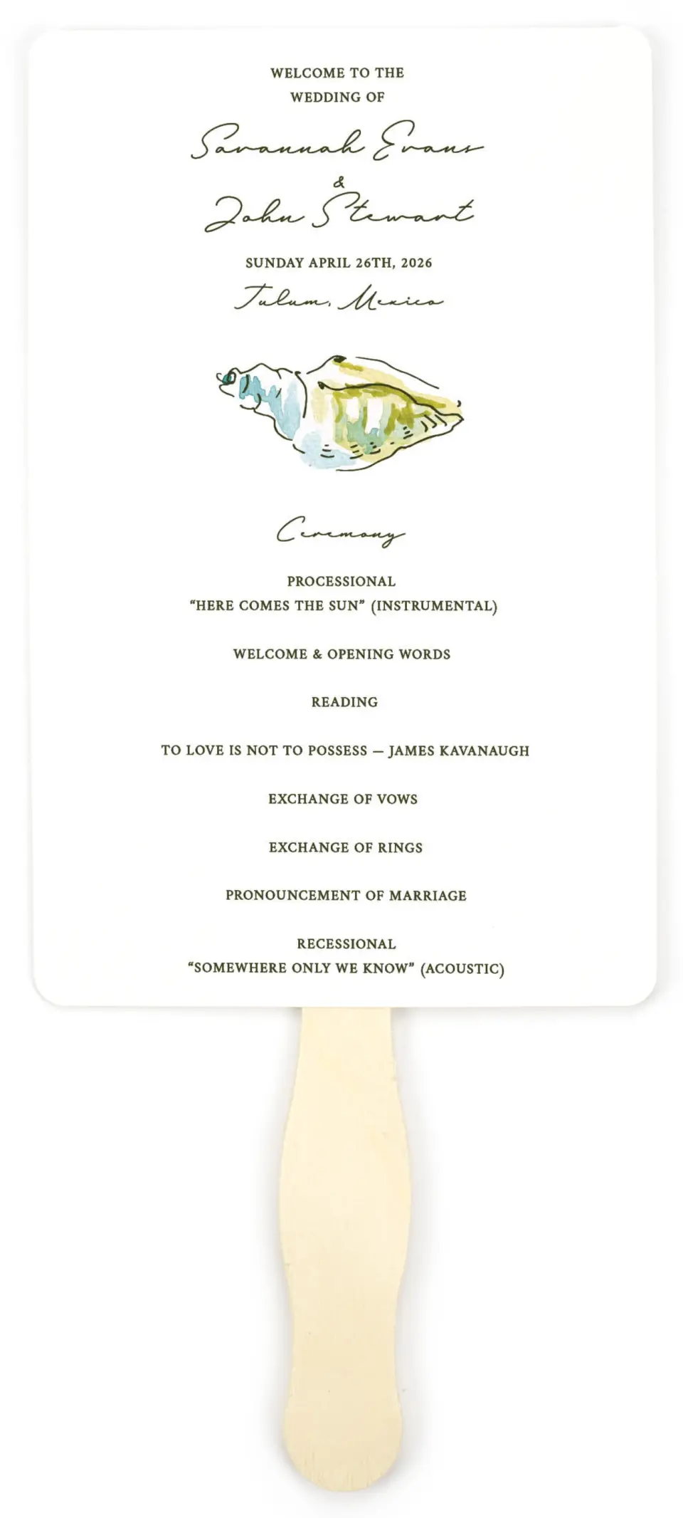 This is a 5" x 7⅞" Wedding Program Fan called Whimsical Shells printed in full color on Premium Smooth paper
