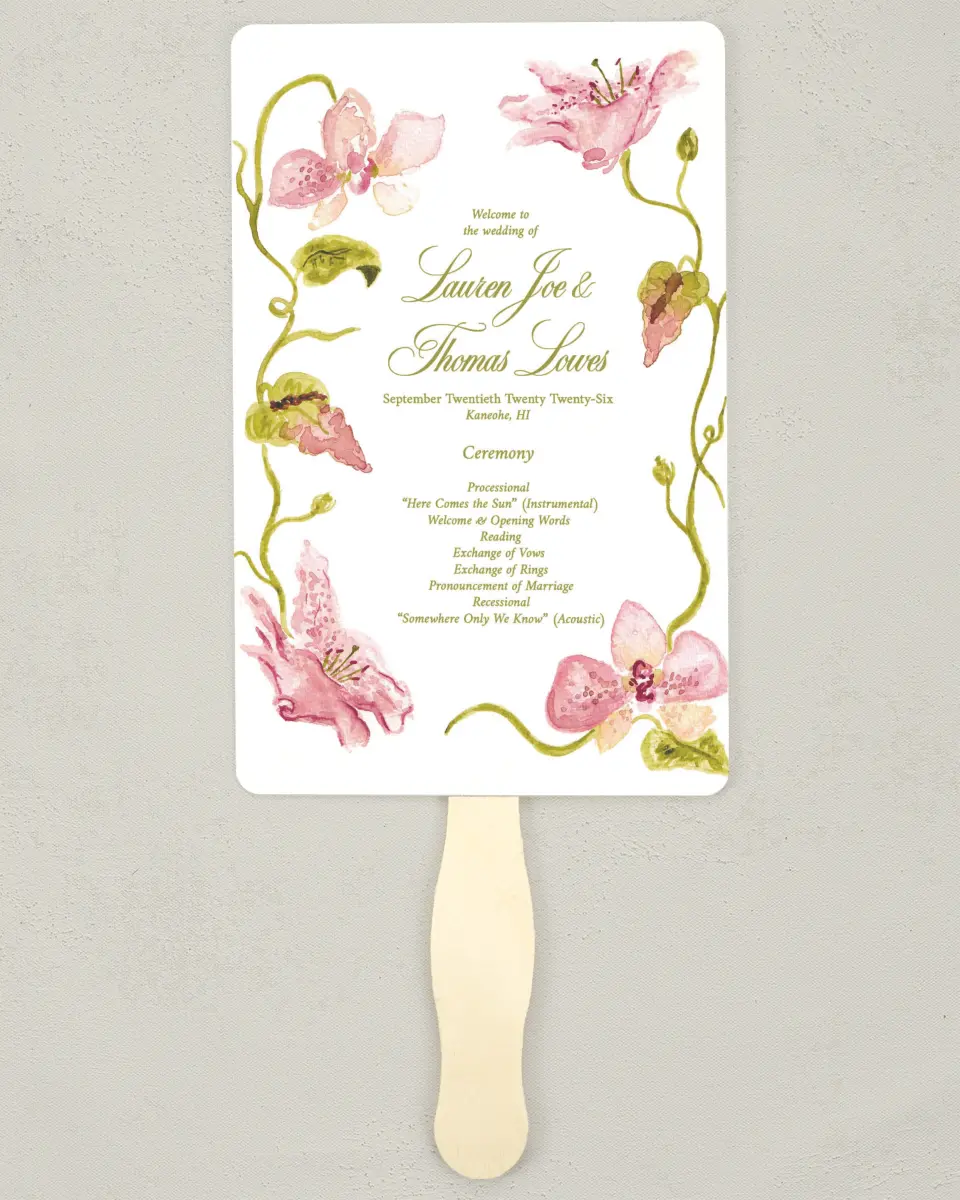 This is a 5" x 7⅞" Wedding Program Fan called Paradise in Bloom printed in full color on Premium Smooth paper