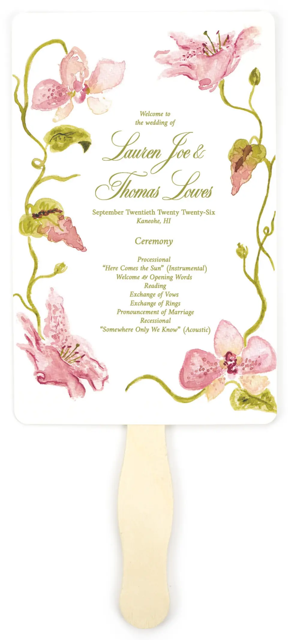 This is a 5" x 7⅞" Wedding Program Fan called Paradise in Bloom printed in full color on Premium Smooth paper
