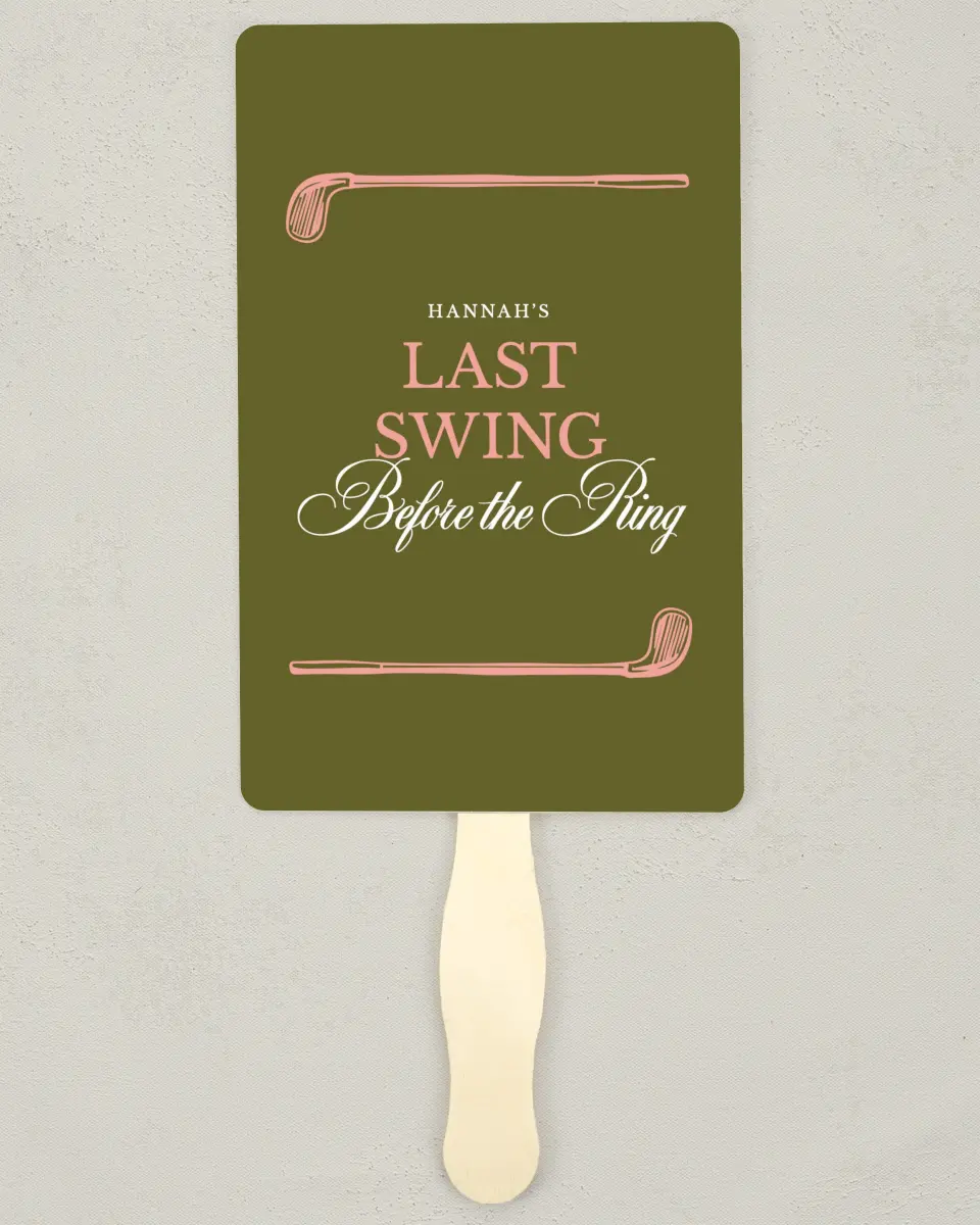 This is a 5" x 7⅞" Bachelorette Party Thank You Card called Last Swing printed in full color on Premium Smooth paper