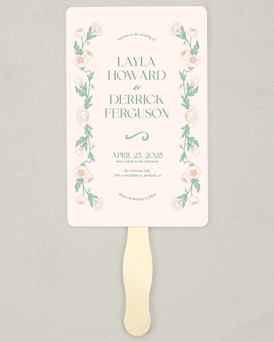 This is a 5" x 7⅞" Wedding Program Fan called Vintage Dream printed in full color with Gold foil on Premium Smooth paper