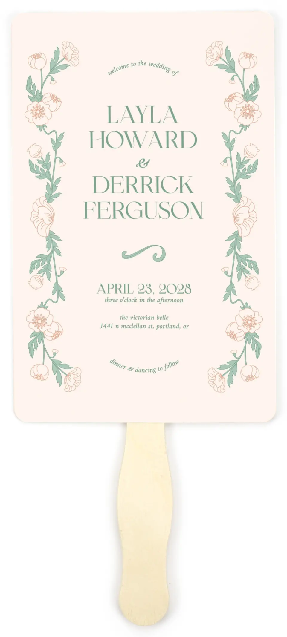 This is a 5" x 7⅞" Wedding Program Fan called Vintage Dream printed in full color with Gold foil on Premium Smooth paper