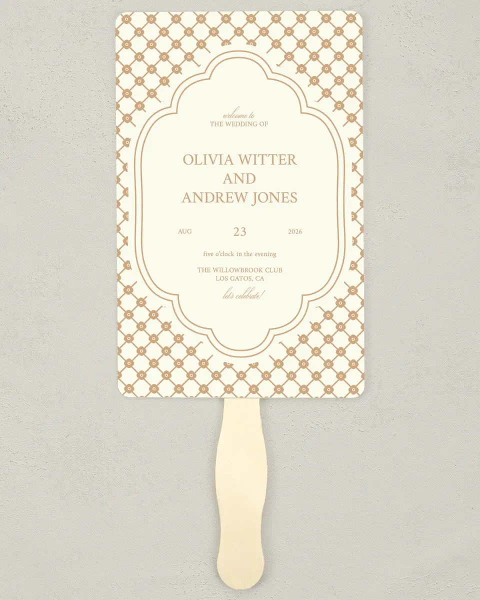 This is a 5" x 7⅞" Wedding Program Fan called Beaded Veil printed in full color with Gold foil on Premium Smooth paper