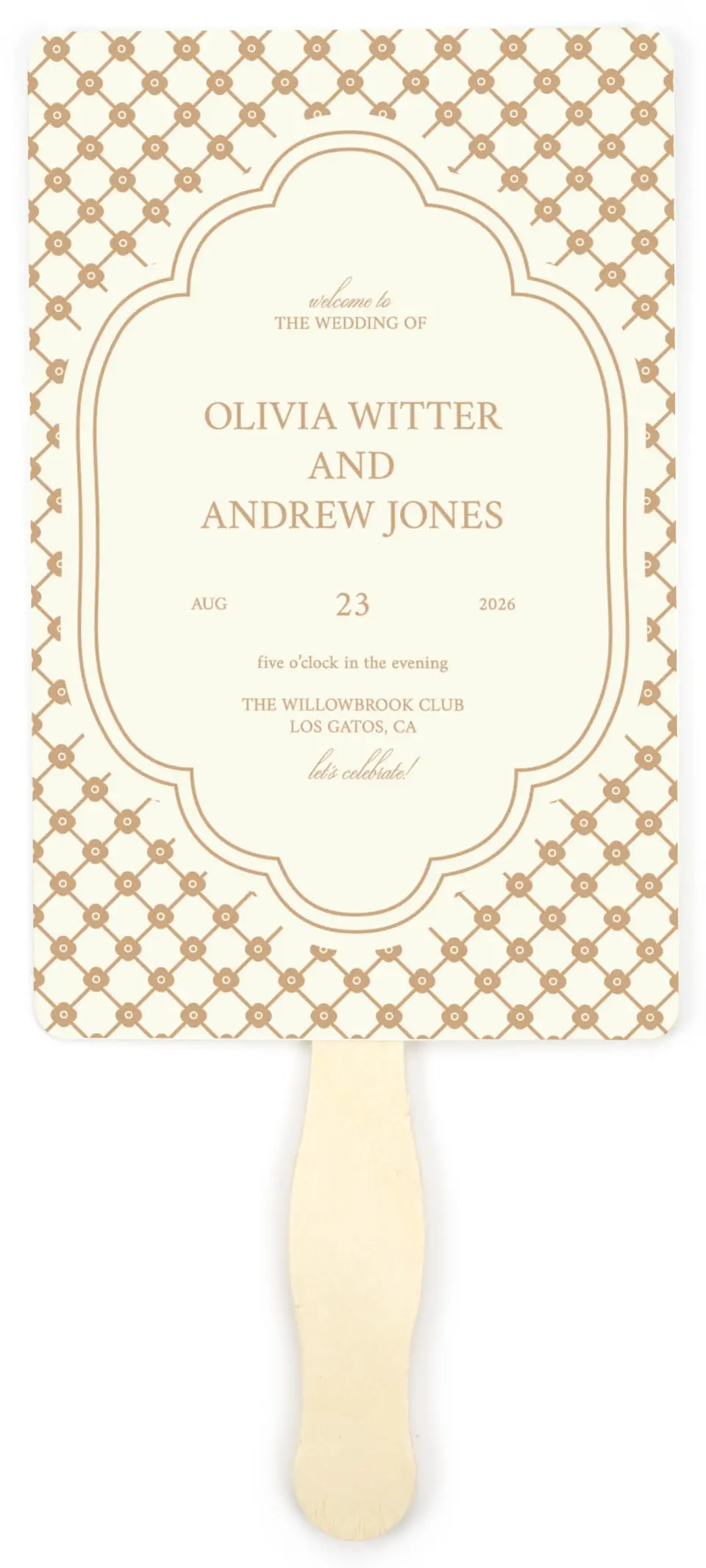 This is a 5" x 7⅞" Wedding Program Fan called Beaded Veil printed in full color with Gold foil on Premium Smooth paper