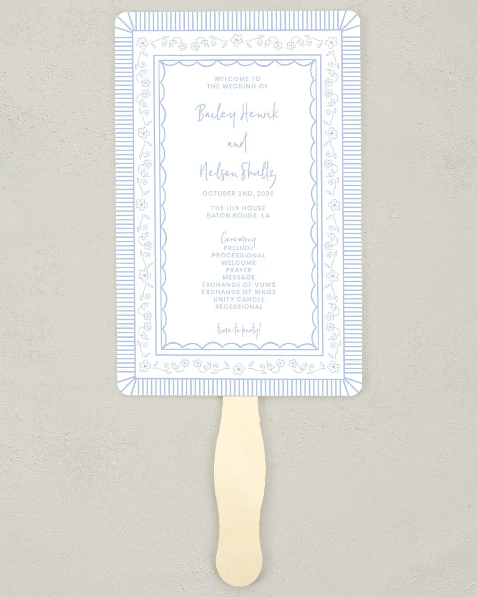 This is a 5" x 7⅞" Wedding Program Fan called Framed in Flowers printed in full color with Gold foil on Premium Smooth paper