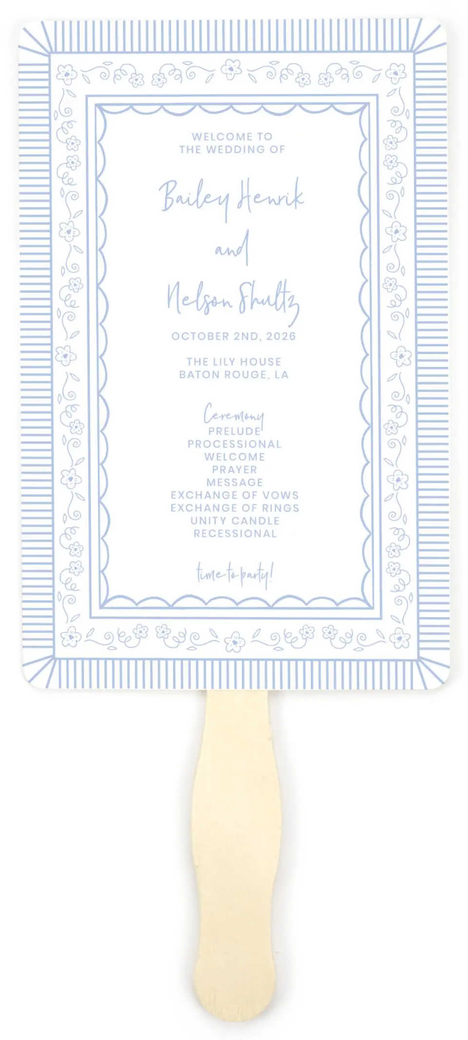 This is a 5" x 7⅞" Wedding Program Fan called Framed in Flowers printed in full color with Gold foil on Premium Smooth paper