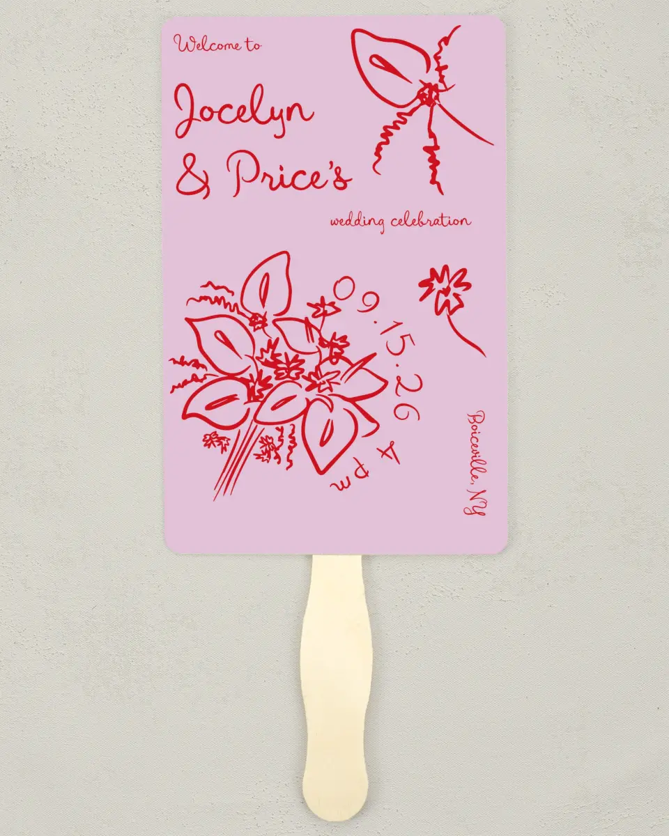 This is a 5" x 7⅞" Wedding Program Fan called Flourishing Love printed in full color with Gold foil on Premium Smooth paper