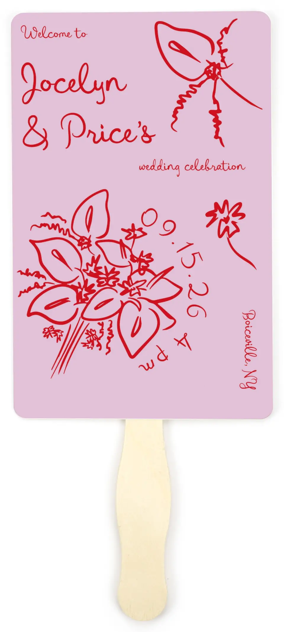 This is a 5" x 7⅞" Wedding Program Fan called Flourishing Love printed in full color with Gold foil on Premium Smooth paper