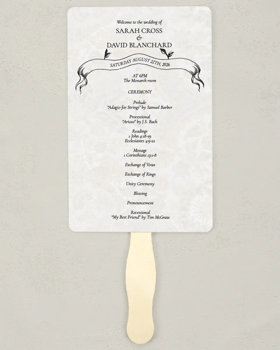 This is a 5" x 7⅞" Wedding Program Fan called Trimmed Lace printed in full color with Gold foil on Premium Smooth paper