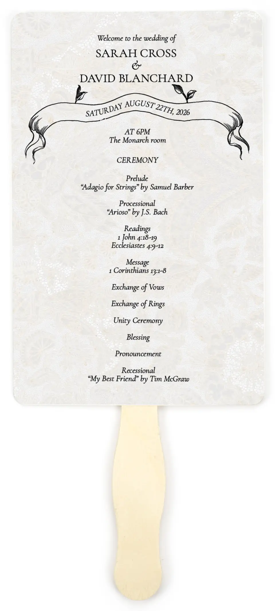 This is a 5" x 7⅞" Wedding Program Fan called Trimmed Lace printed in full color with Gold foil on Premium Smooth paper