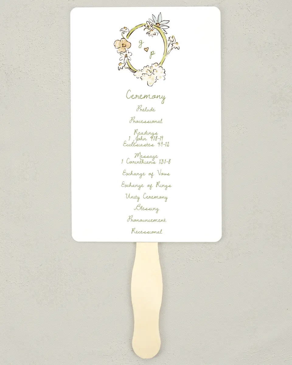 This is a 5" x 7⅞" Wedding Program Fan called Soft Garden Vows printed in full color with Gold foil on Premium Smooth paper