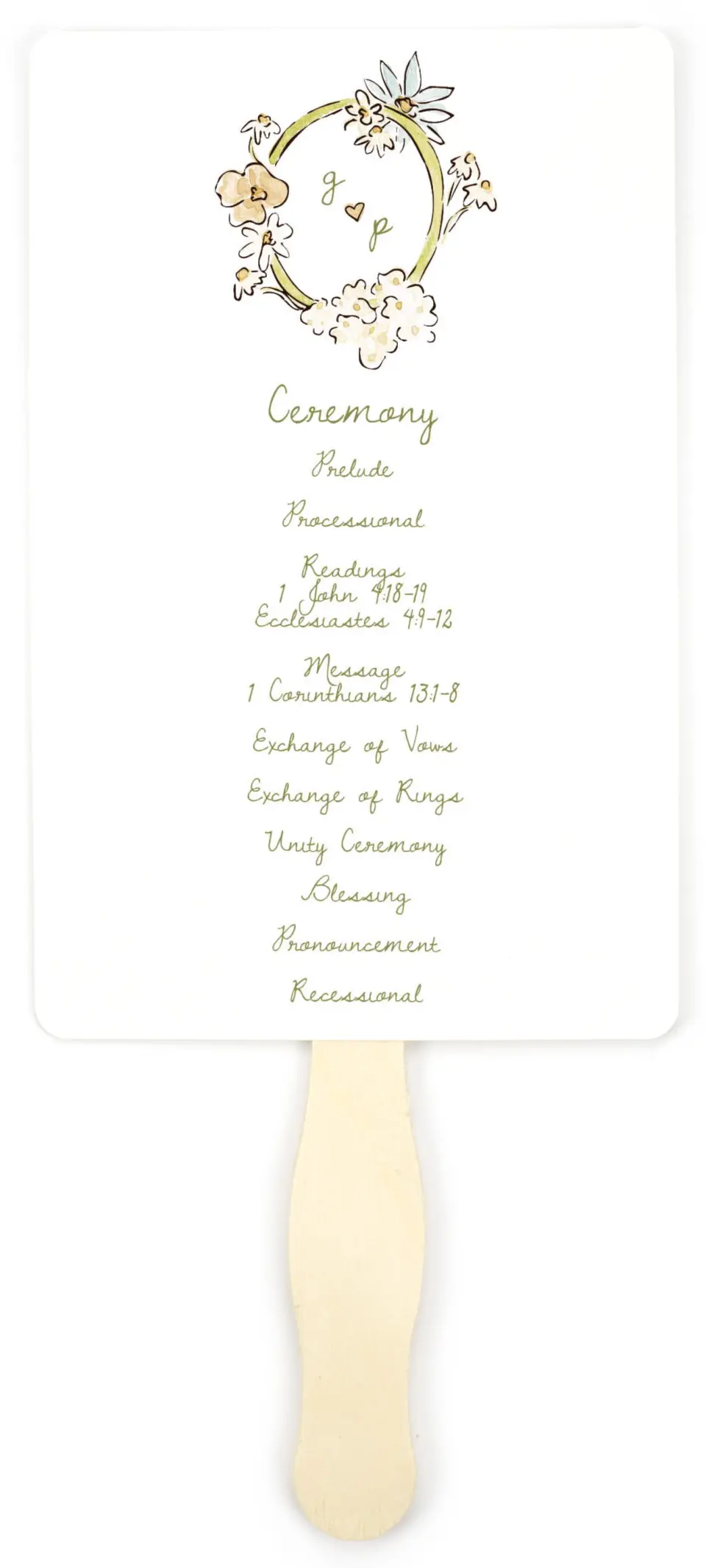 This is a 5" x 7⅞" Wedding Program Fan called Soft Garden Vows printed in full color with Gold foil on Premium Smooth paper