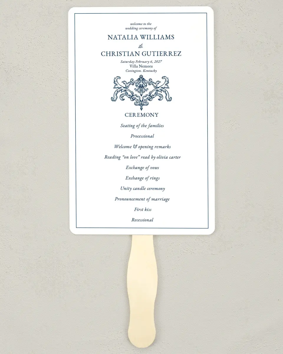 This is a 5" x 7⅞" Wedding Program Fan called Heirloom Crest printed in full color with Gold foil on Premium Smooth paper