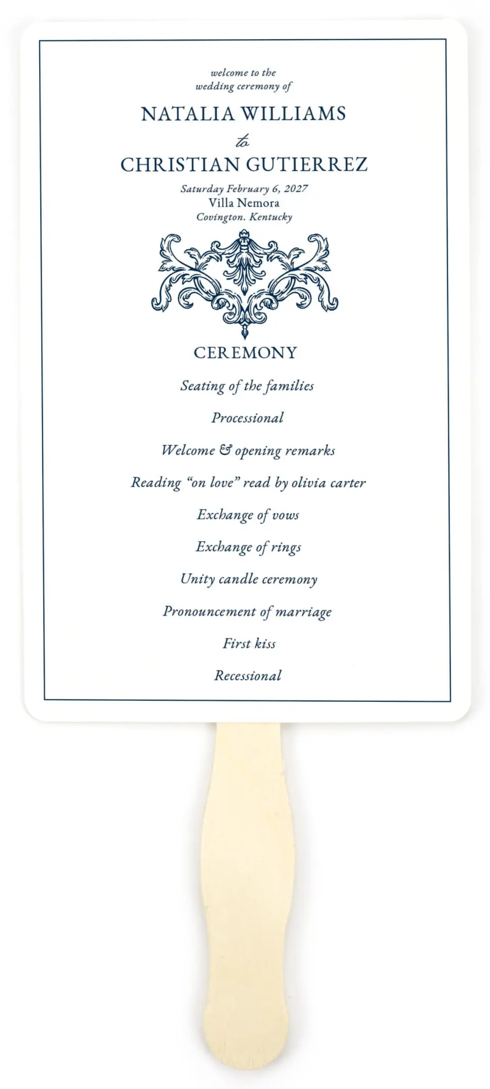 This is a 5" x 7⅞" Wedding Program Fan called Heirloom Crest printed in full color with Gold foil on Premium Smooth paper