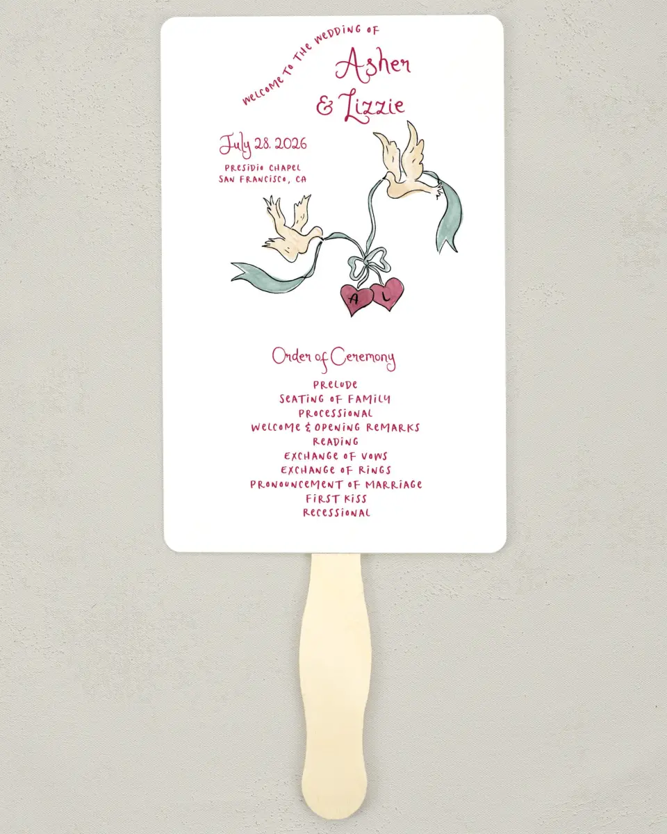 This is a 5" x 7⅞" Wedding Program Fan called Love Dove printed in full color with Gold foil on Premium Smooth paper