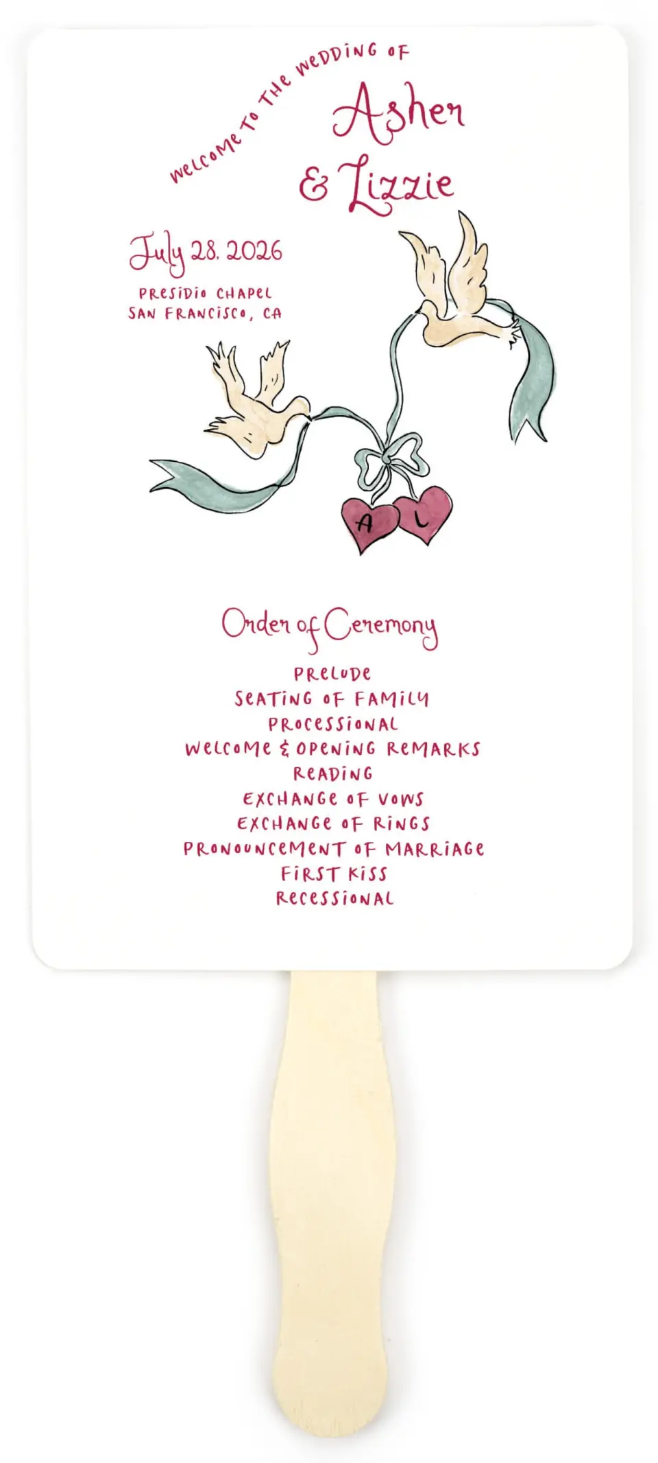This is a 5" x 7⅞" Wedding Program Fan called Love Dove printed in full color with Gold foil on Premium Smooth paper