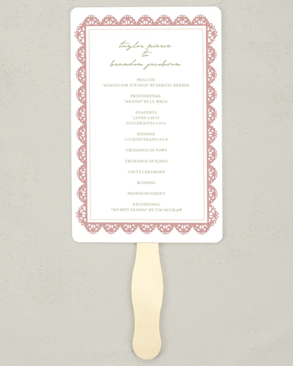 This is a 5" x 7⅞" Wedding Program Fan called Verdant Romance printed in full color with Gold foil on Premium Smooth paper