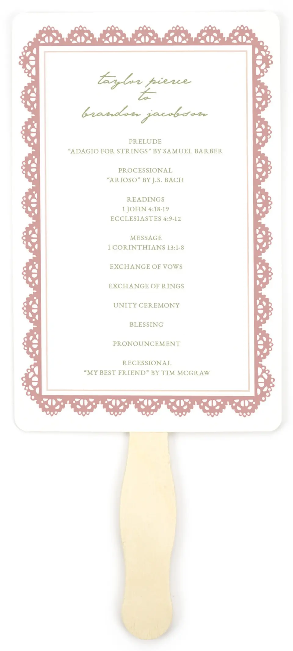 This is a 5" x 7⅞" Wedding Program Fan called Verdant Romance printed in full color with Gold foil on Premium Smooth paper