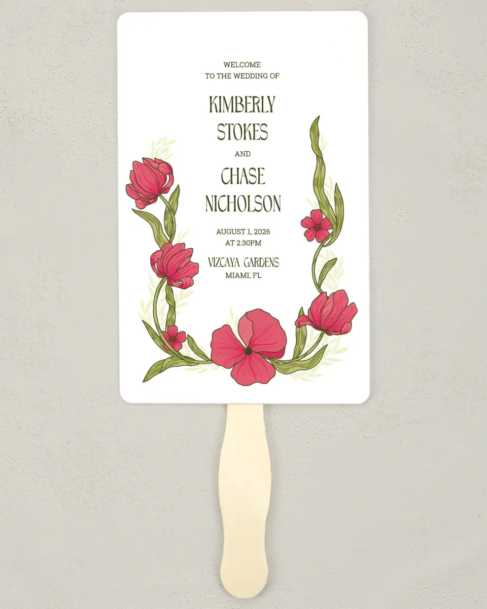 This is a 5" x 7⅞" Wedding Program Fan called Nouveau Romance printed in full color with Gold foil on Premium Smooth paper