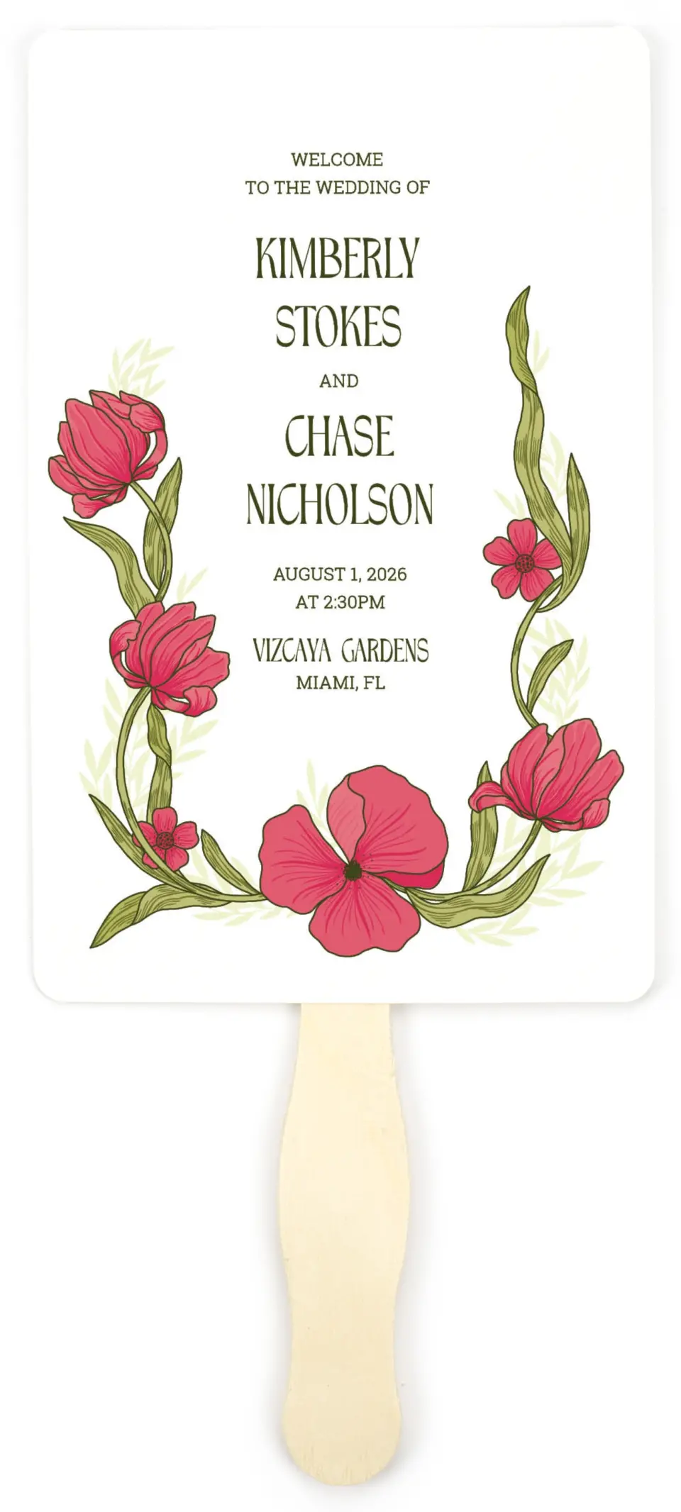 This is a 5" x 7⅞" Wedding Program Fan called Nouveau Romance printed in full color with Gold foil on Premium Smooth paper