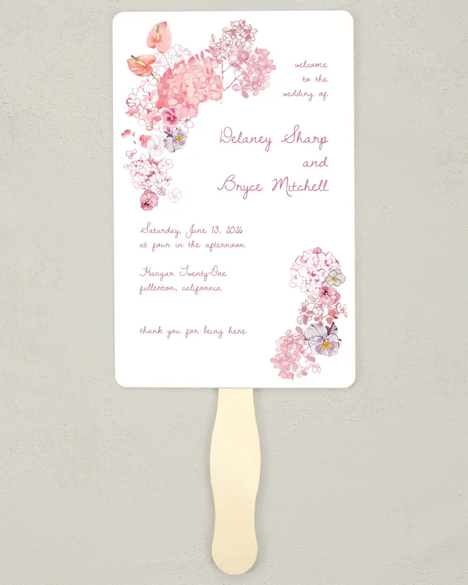 This is a 5" x 7⅞" Wedding Program Fan called Blushing Whimsy printed in full color with Gold foil on Premium Smooth paper