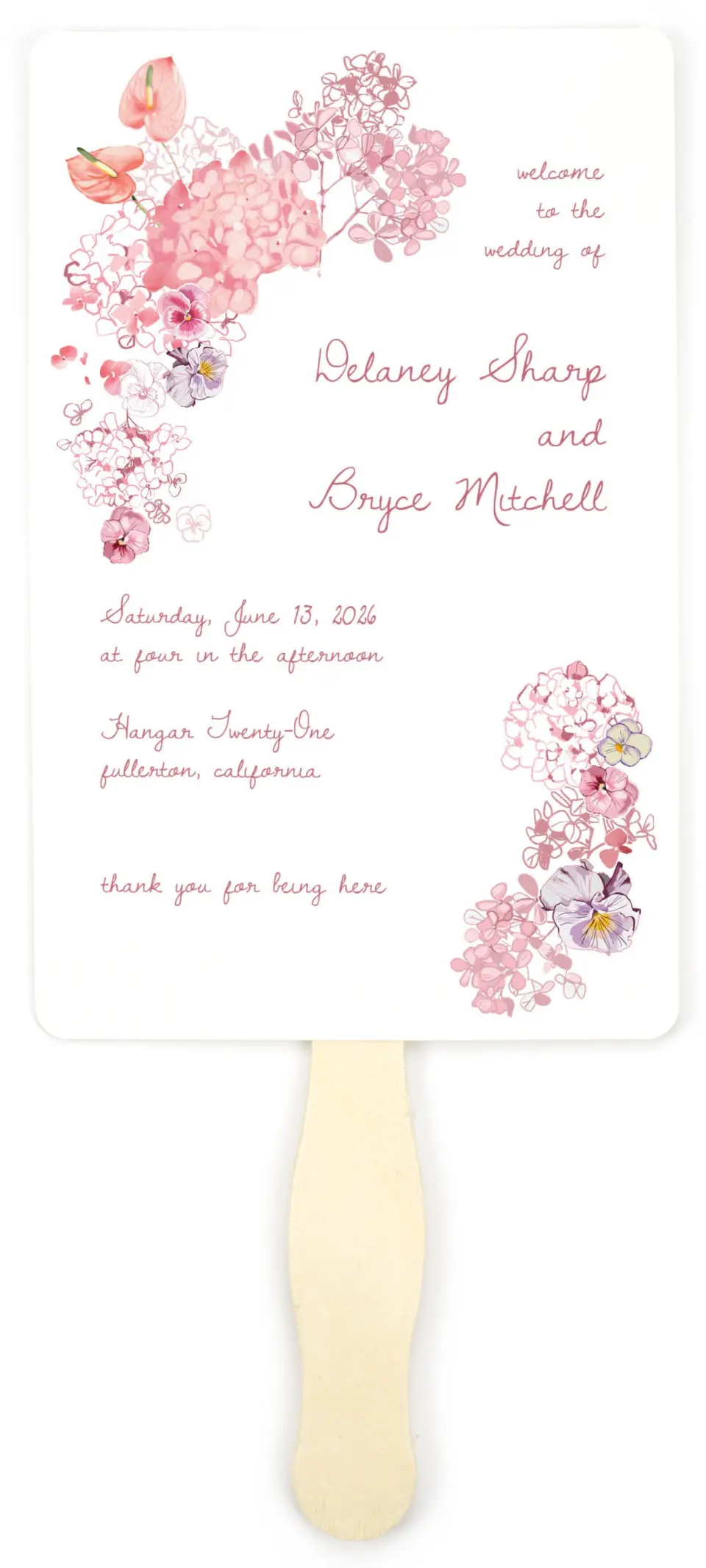 This is a 5" x 7⅞" Wedding Program Fan called Blushing Whimsy printed in full color with Gold foil on Premium Smooth paper