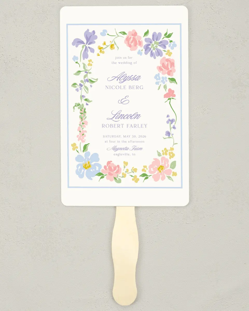 This is a 5" x 7⅞" Wedding Program Fan called Gentle Garden printed in full color with Gold foil on Premium Smooth paper