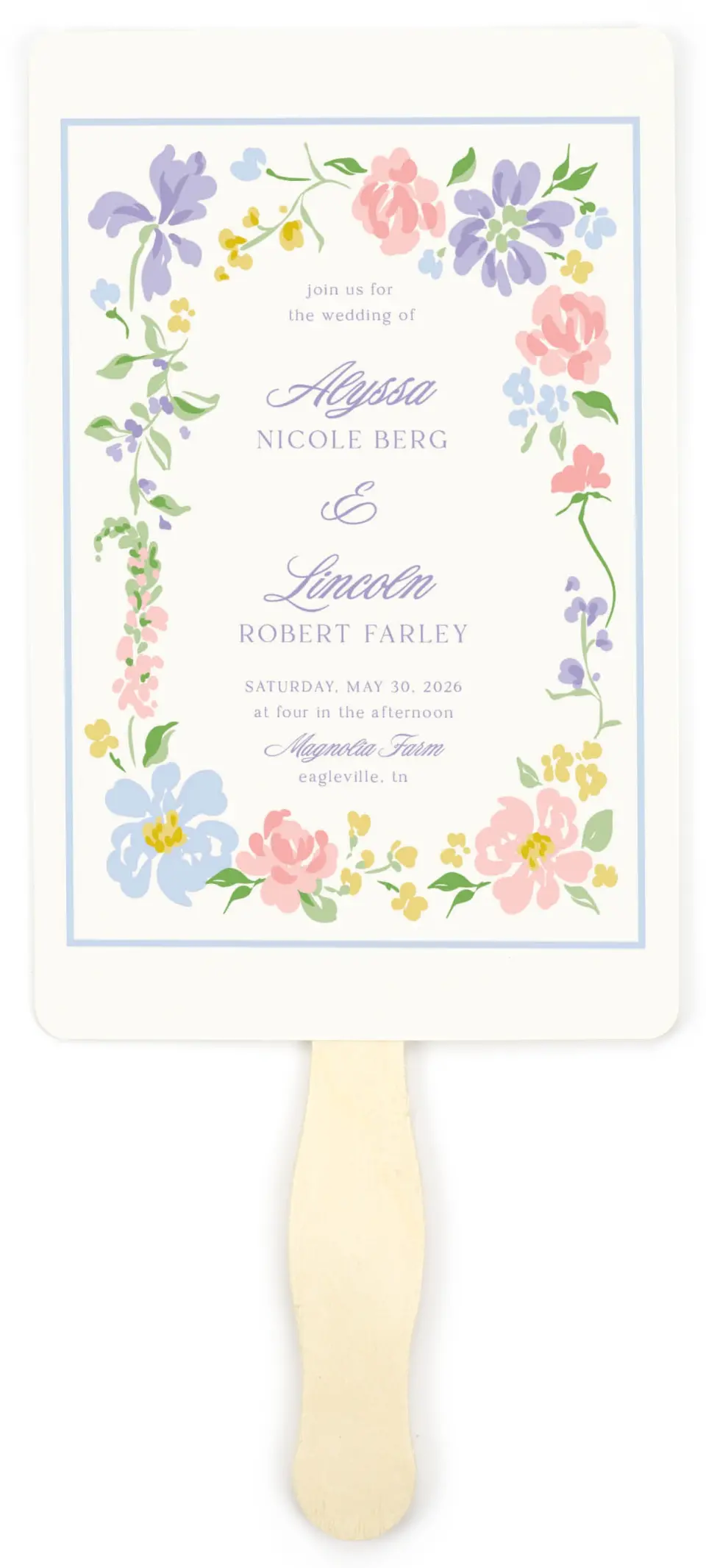 This is a 5" x 7⅞" Wedding Program Fan called Gentle Garden printed in full color with Gold foil on Premium Smooth paper