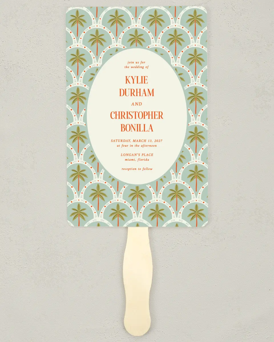 This is a 5" x 7⅞" Wedding Program Fan called Tropical Treasure printed in full color with Gold foil on Premium Smooth paper