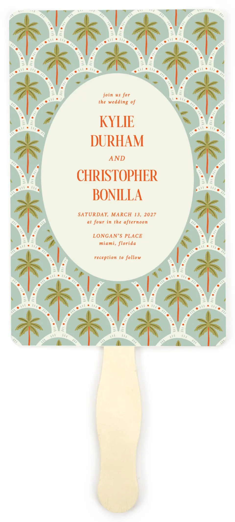 This is a 5" x 7⅞" Wedding Program Fan called Tropical Treasure printed in full color with Gold foil on Premium Smooth paper