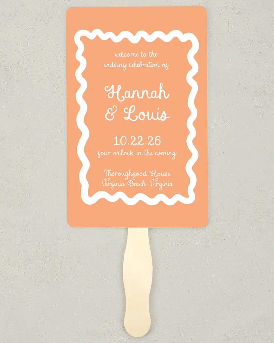 This is a 5" x 7⅞" Wedding Program Fan called Wavy Love printed in full color with Gold foil on Premium Smooth paper