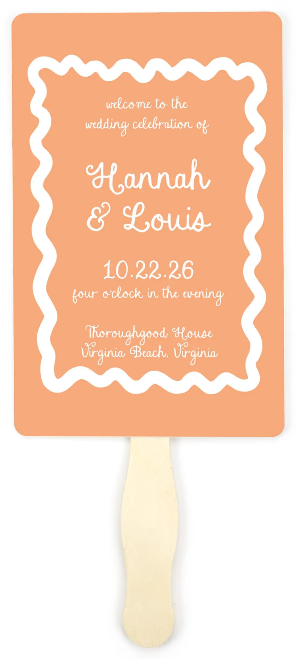 This is a 5" x 7⅞" Wedding Program Fan called Wavy Love printed in full color with Gold foil on Premium Smooth paper