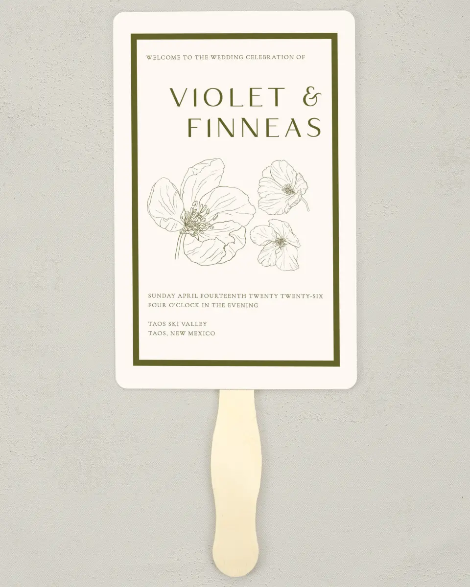 This is a 5" x 7⅞" Wedding Program Fan called Delicate Love printed in full color with Gold foil on Premium Smooth paper