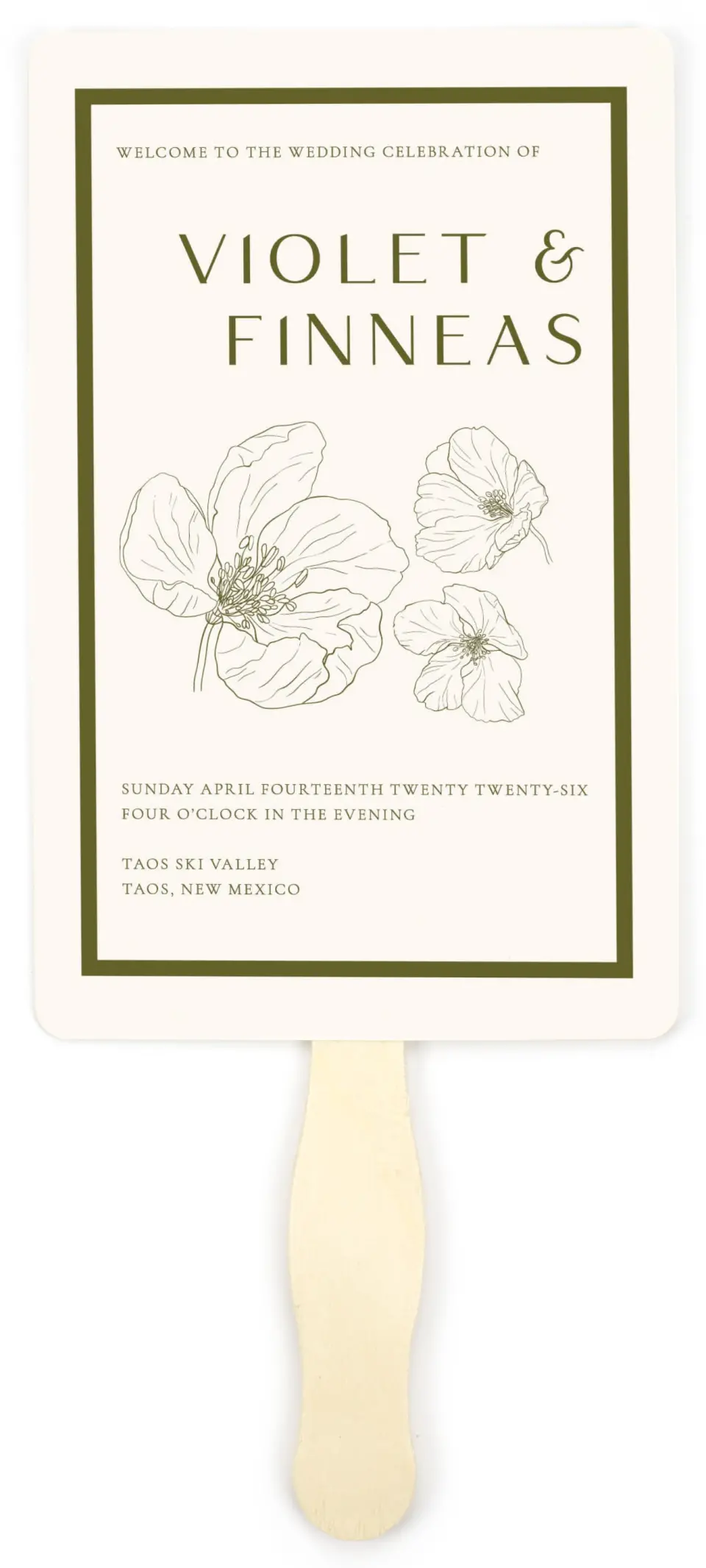 This is a 5" x 7⅞" Wedding Program Fan called Delicate Love printed in full color with Gold foil on Premium Smooth paper