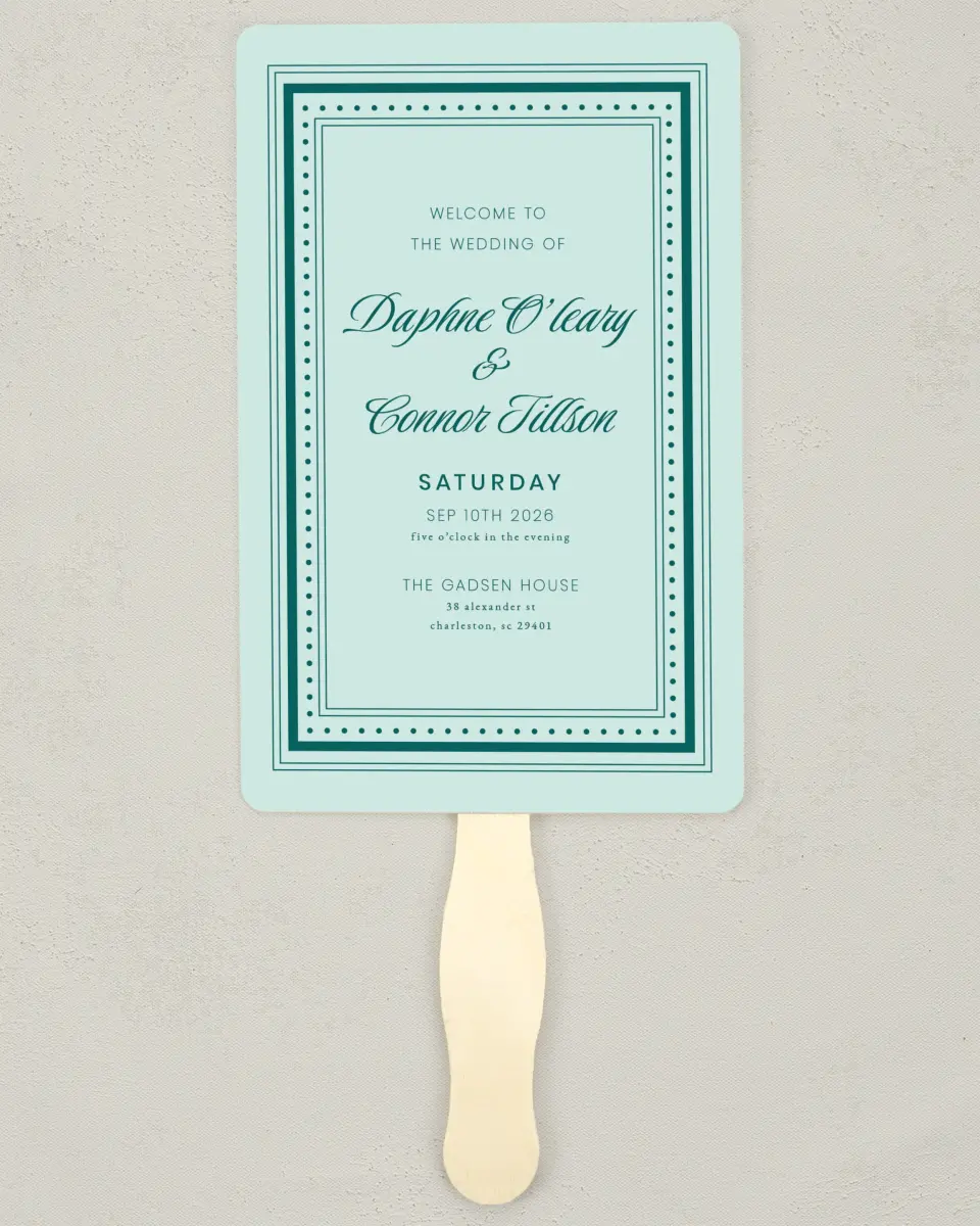 This is a 5" x 7⅞" Wedding Program Fan called Faithful Frame printed in full color with Gold foil on Premium Smooth paper