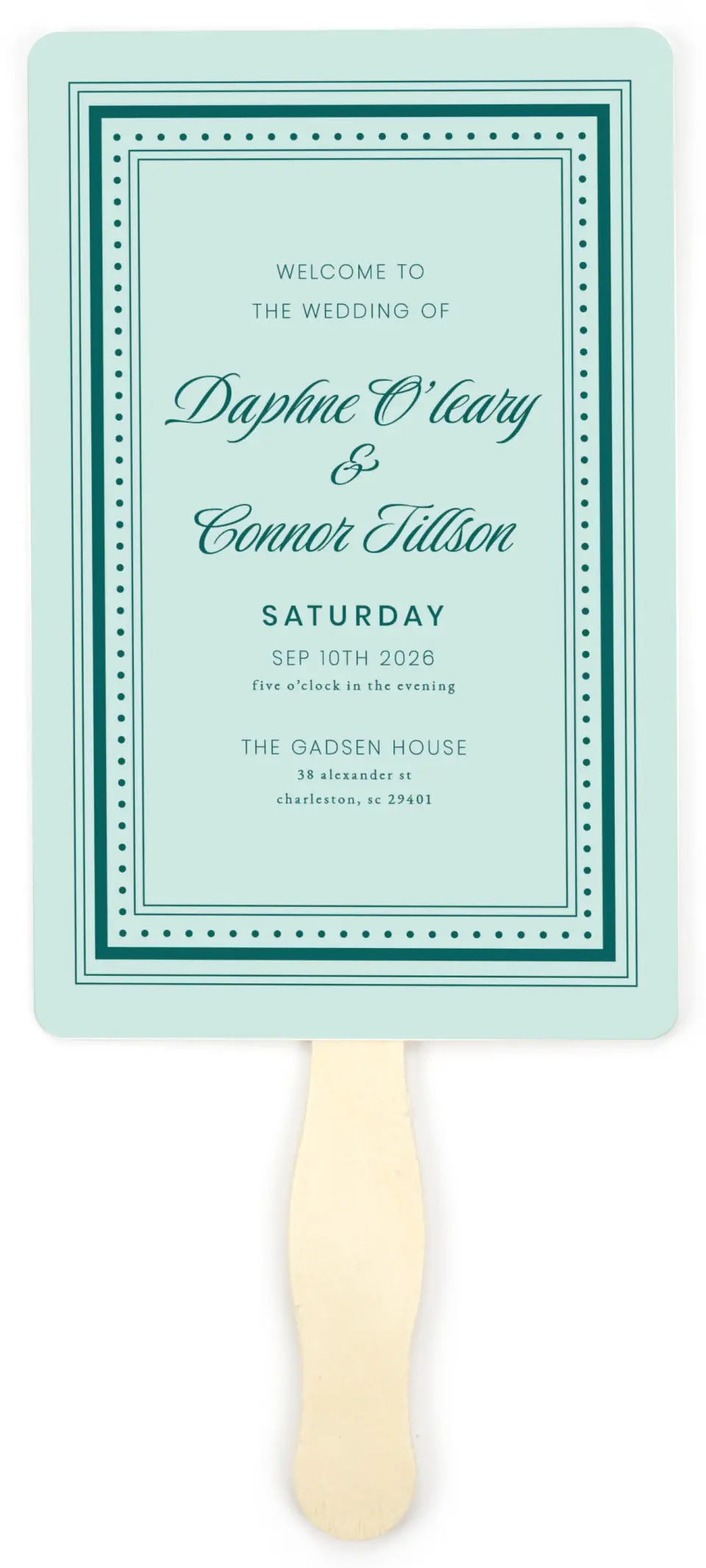 This is a 5" x 7⅞" Wedding Program Fan called Faithful Frame printed in full color with Gold foil on Premium Smooth paper