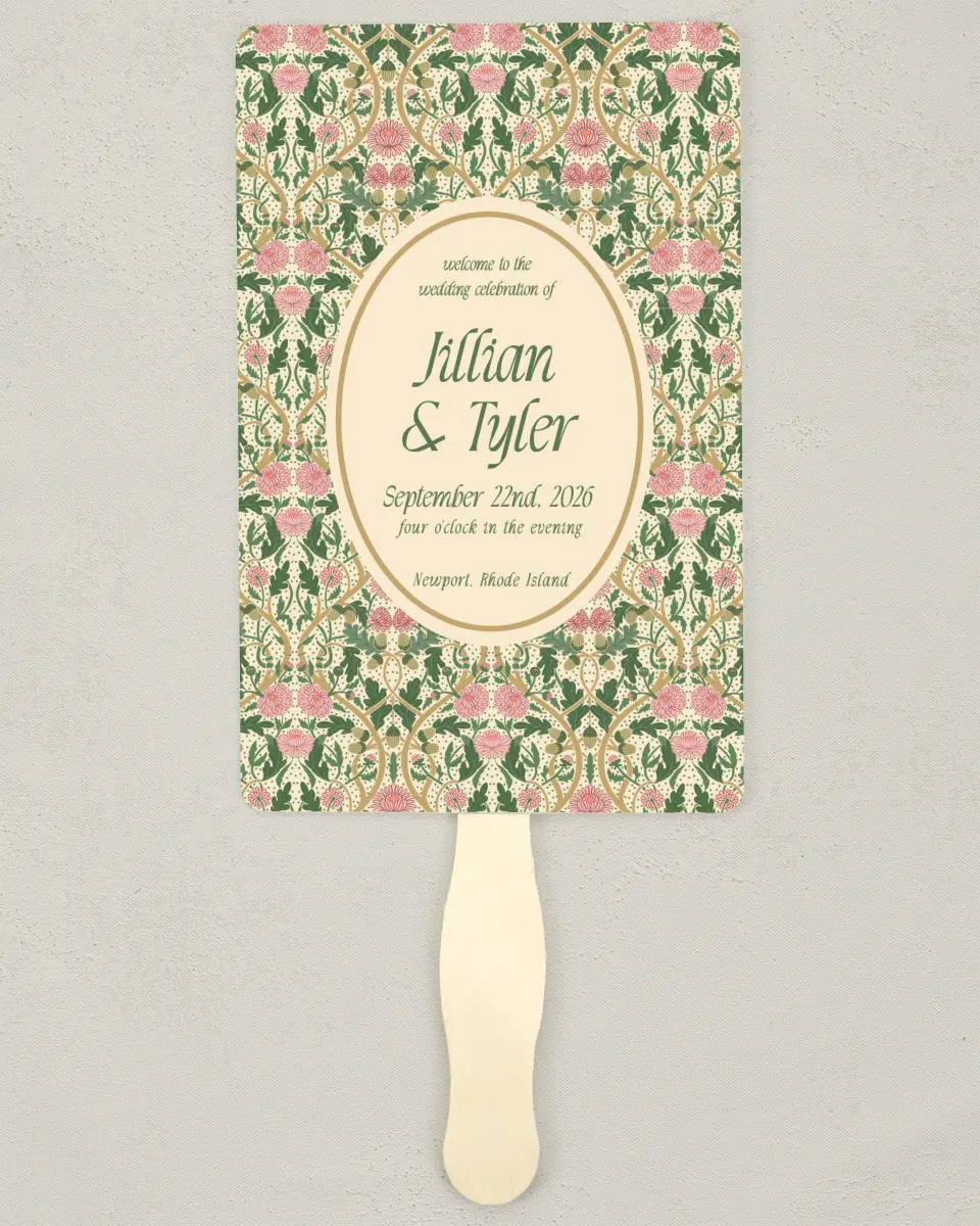 This is a 5" x 7⅞" Wedding Program Fan called Regal Garden printed in full color with Gold foil on Premium Smooth paper