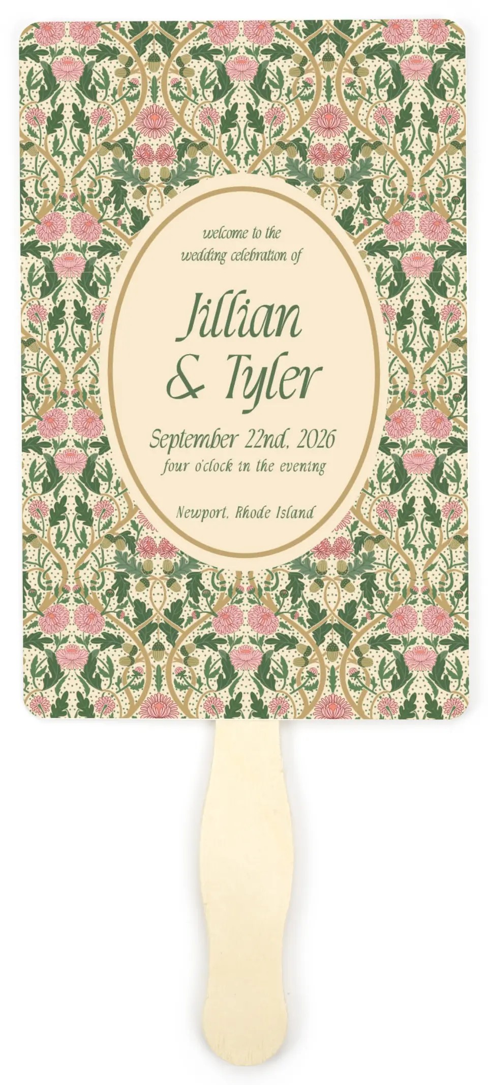This is a 5" x 7⅞" Wedding Program Fan called Regal Garden printed in full color with Gold foil on Premium Smooth paper