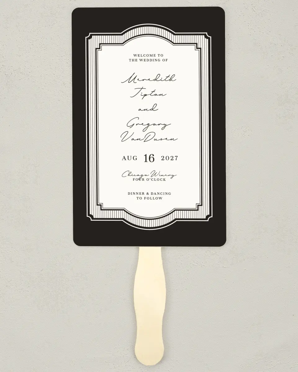 This is a 5" x 7⅞" Wedding Program Fan called Opulent Endearment printed in full color with Gold foil on Premium Smooth paper